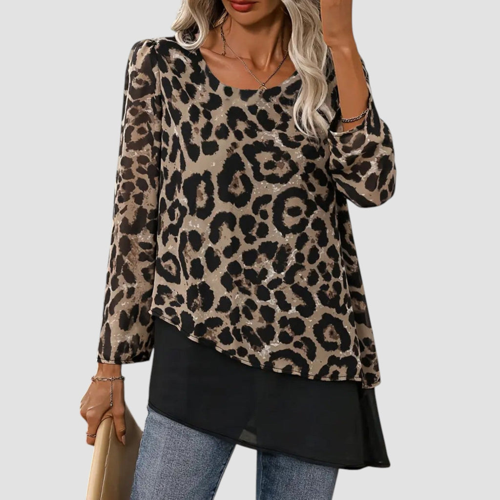 Silja | Luipaard patchwork blouse voor dames – Casual top met lange mouwen voor op kantoor